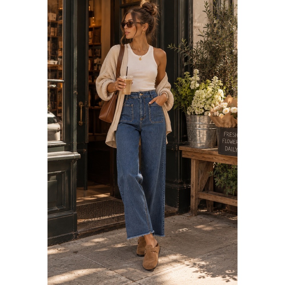 OAT New York High Rise Wide Leg Jeans Raw Hem Medium Wash Size 8/29